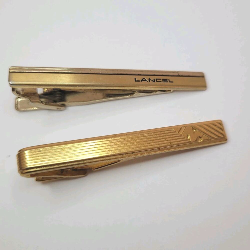 Lancel Nina Ricci Tie Clip Bars Clasps Gold Tone Logo Designer Lot‎ Of 2
